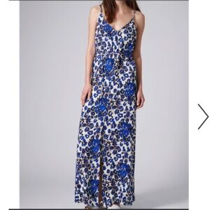 Topshop Electric Blue Abstract Print Strappy Maxi Dress with Center Slit, 10